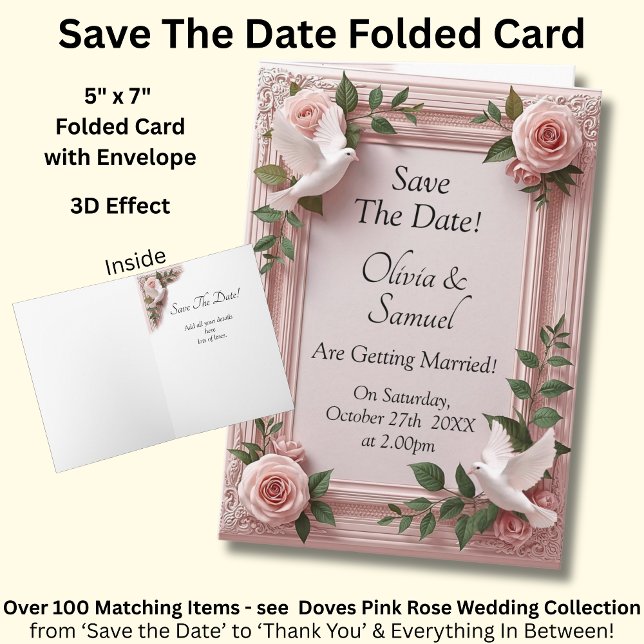 Cartão Save The Date - Pink Roses & Doves Wedding (Criador carregado)