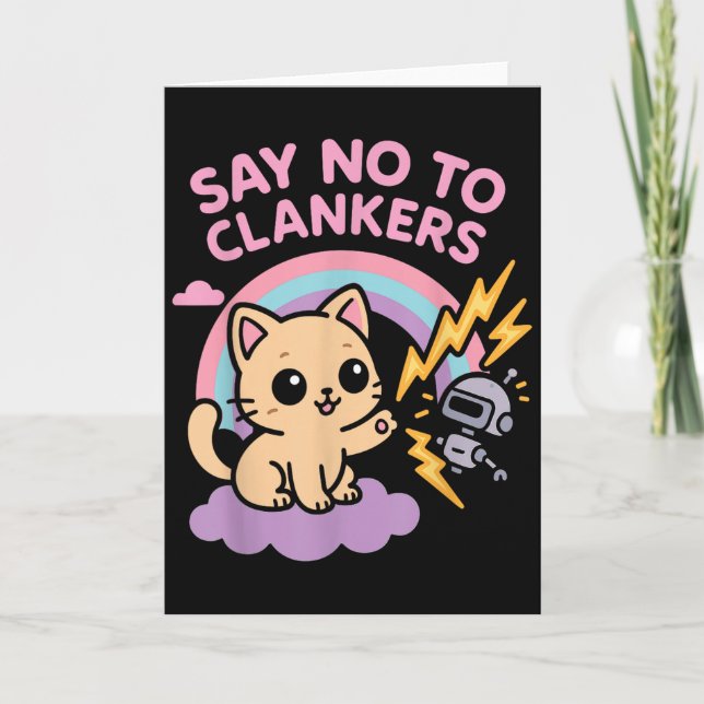 Cartão Say No To Clankers Anti Ai Robots Cute Kitten Rain (Frente)