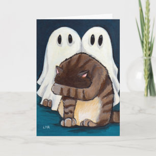 Cartão Scared Tabby Cat & Spooky Ghosts Halloween Card