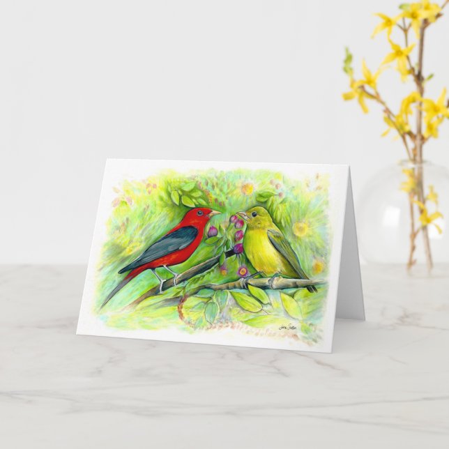 Cartão Scarlet Tanagers Watercolor Feliz Aniversário (Flor Amarela)