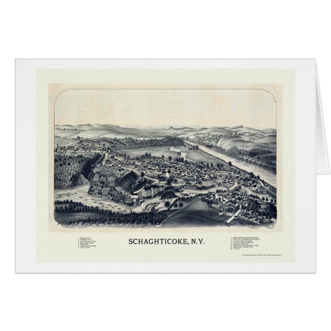 Cartão Schaghticoke, mapa panorâmico de NY - 1889 (Frente Horizontal)