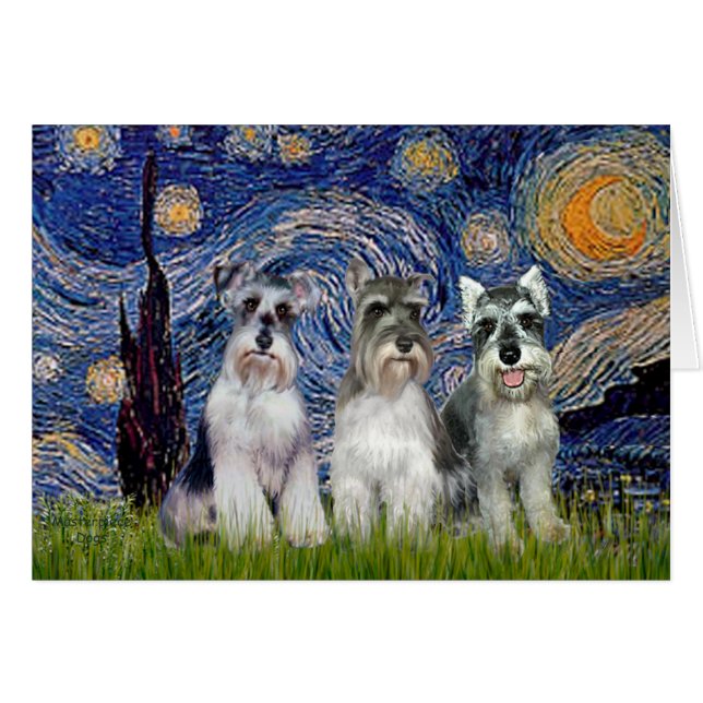 Cartão Schnauzers (três) - Noite Estrelada (Frente Horizontal)