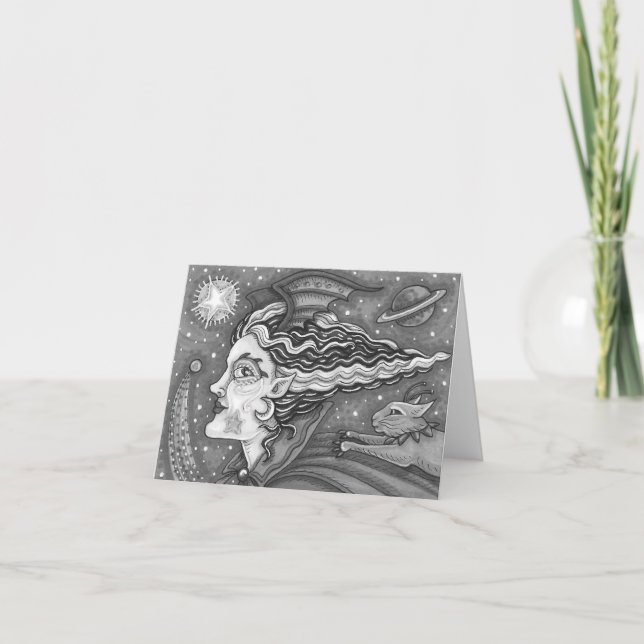 Cartão SCI FI SPACE WITCH & COMET CAT HUMOR BLK/WHT Vazio (Frente)