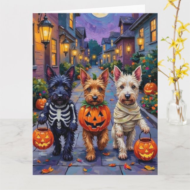 Cartão Scottish Terrier Dogs in Halloween Costumes (Flor Amarela)
