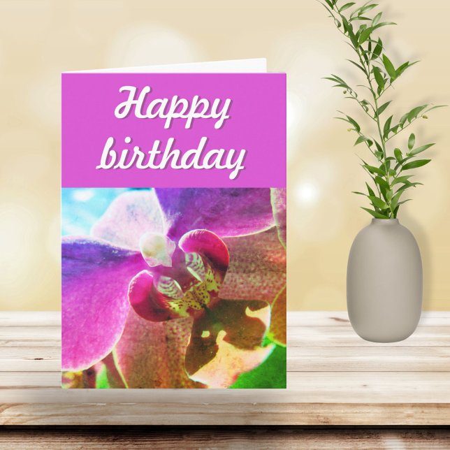 Cartão Script de Feliz Aniversário com Foto de Orquídea R (Criador carregado)