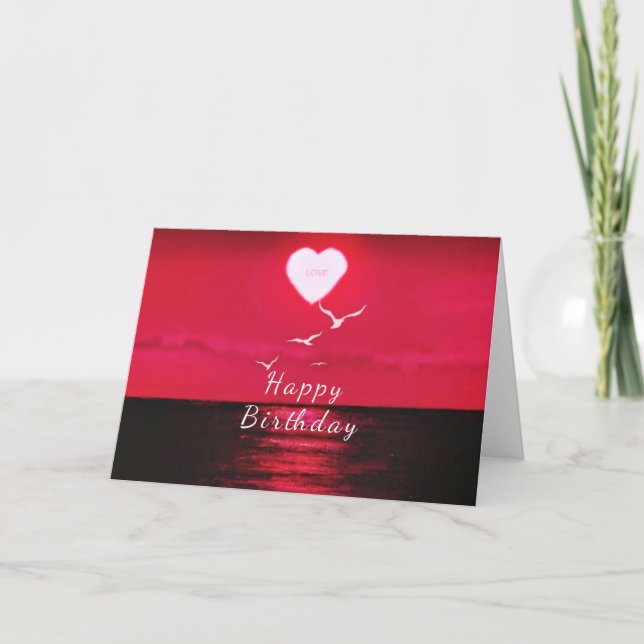 Cartão Sea Sunset Heart Love Romantic Birthday Card (Frente)