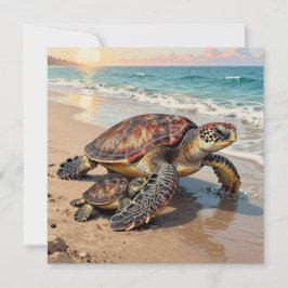 Cartão Sea Turtle and Baby Illustration | Blank