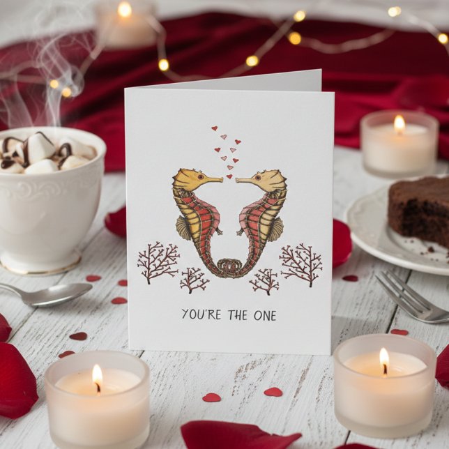 Cartão Seahorse Valentine's Day (Seahorse Valentine's Day Cards for Husband, Wife, Boyfriend, Girlfriend. Seahorse Heart Illustration)