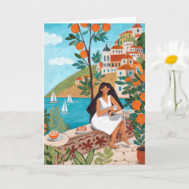 Cartão Seaside Café Woman Illustration Art Greeting Card