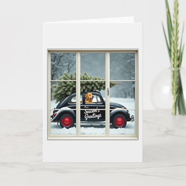 Cartão Seasons Greetings Dog Beetle Christmas Tree Window (Frente)