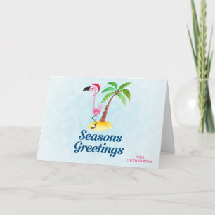Cartão Seasons Greetings Pink Flamingo in Santa Hat