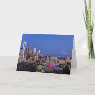 Cartão Seattle, Downtown and Mt. Rainier at Twilight