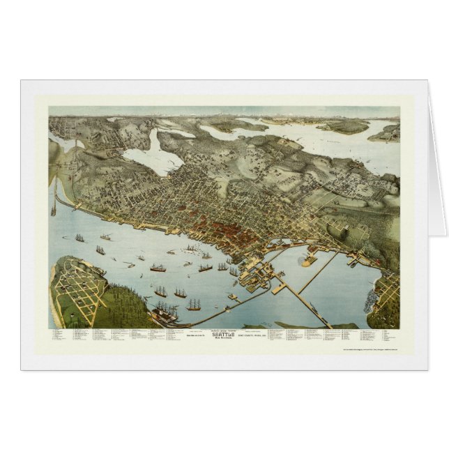 Cartão Seattle, mapa panorâmico de WA - 1891 (Frente Horizontal)
