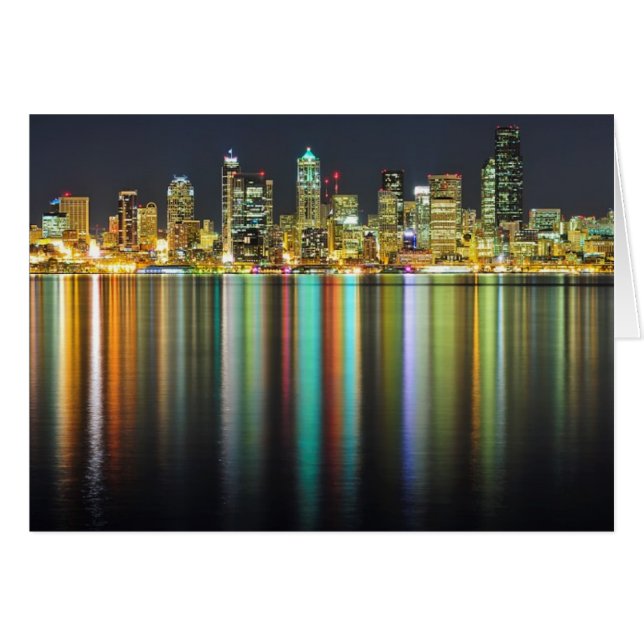 Cartão Seattle skyline à noite com reflexão (Frente Horizontal)