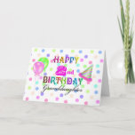 Cartão Segundo aniversário de Polkadot da neta<br><div class="desc">Um cartão de aniversário do partido do divertimento para uma neta da criança de 3 anos com confetes no fundo em cores pastel, no centro com "segundo aniversário feliz colorido" e na "neta" no preto. No lado esquerdo das palavras você encontra um balão cor-de-rosa das bolinhas e um balão verde...</div>