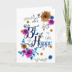 Cartão Seja Feliz Citação Positiva Azul Roxo Dourado Flor