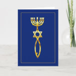 Cartão Selo messiânico - azul<br><div class="desc">O selo messiânico,  do século I,  uma combinação de um menorah,  Magen David e ichthys pesca em todo o occaion Judaica e em cartões messiânicos do cumprimento e de nota.</div>