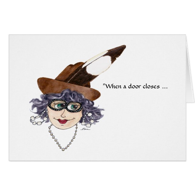 Cartão Senhora com conselhos sobre portas fechando (Frente horizontal)