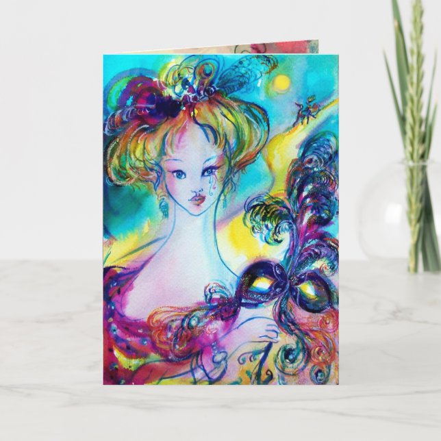 Cartão SENHORA COM PENA DE MASCARADA MÁSCARA Aniversário (Frente)