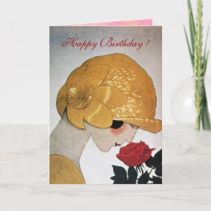 Cartão SENHORA COM ROSA VERMELHA Feliz aniversário