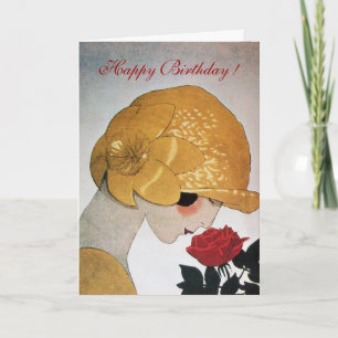 Cartão SENHORA COM ROSA VERMELHA Feliz aniversário