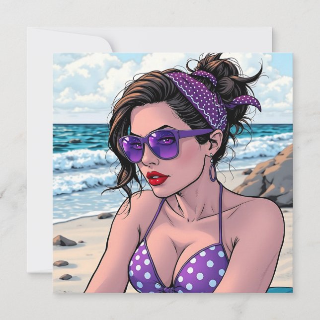Cartão Senhora da praia em Shades, Bikini e Bandana (Frente)