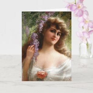 Cartão Senhora da Vintage com flores roxas e Rosa de pês