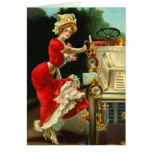 Cartão Senhora do Victorian e seu automóvel