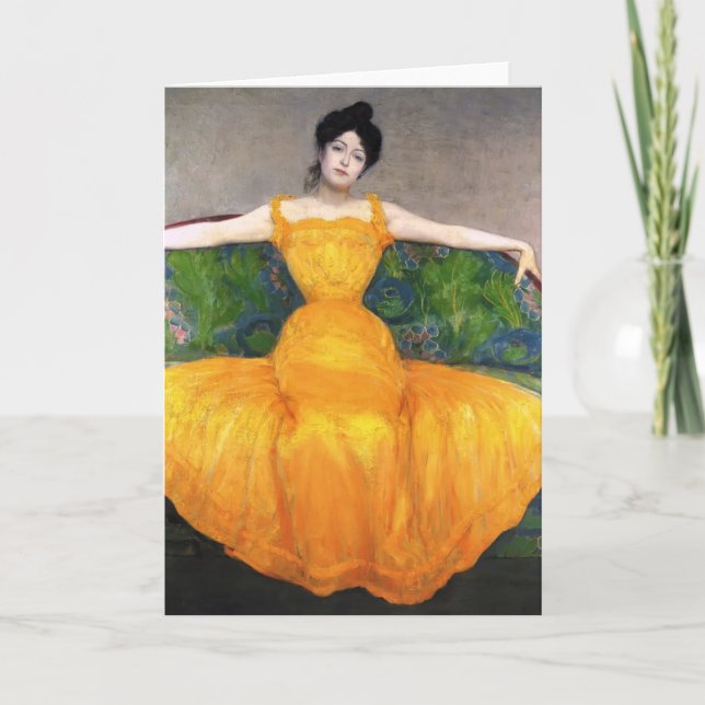 Cartão Senhora máxima de Kurzweil- no vestido amarelo (Frente)