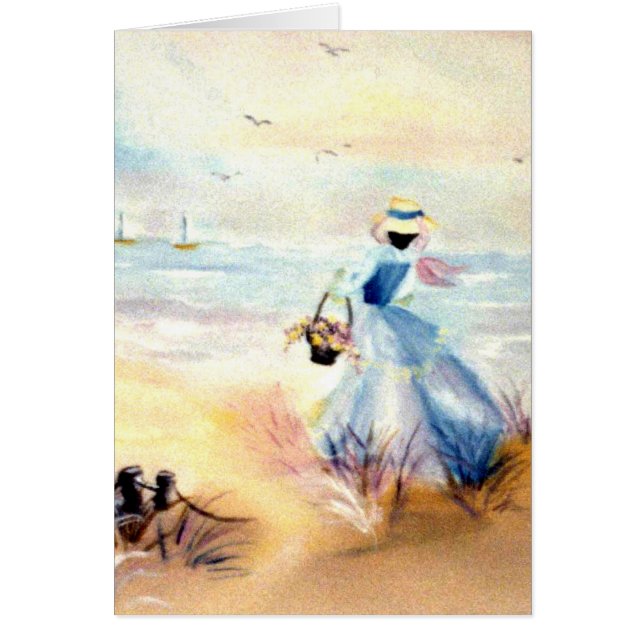 Cartão Senhora no azul na pintura da praia (Frente)