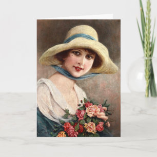 Cartão Senhora Vintage Com Buquê De Rosas