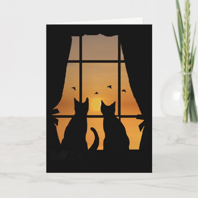 Cartão Sentimos saudades de vocês, gatos na janela (Frente)