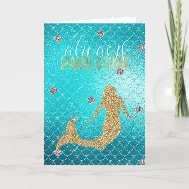 Cartão Sereia Água Dourado Prata Brilho Glitter  (Frente)
