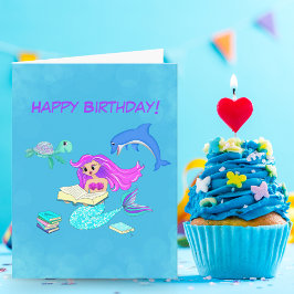 Cartão Sereia Brilhante Lendo Livros Feliz Aniversário