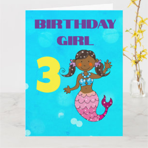 Cartão Sereia de Pele Morena Personalizada para 3º Aniver