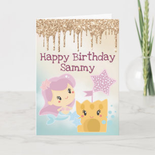 Cartão Sereia Kawaii e Bolo de Aniversário com Gradiente 