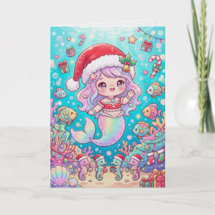 Cartão Sereia Kawaii Natal Desenho Animado Fofo