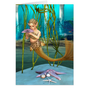 Cartão Sereia pequena com flor da anêmona