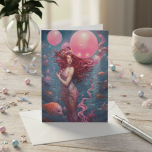 Cartão Sereia Pintando Balões de Aniversário Rosa