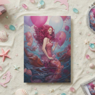 Cartão Sereia Pintando Balões de Aniversário Rosa
