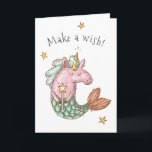 Cartão Sereia Whimsical Unicorn faz aniversário de desejo<br><div class="desc">Um cartão de aniversário brilhante para ela, esta design tem uma ilustração adorável de um unicórnio da sereia acenando uma varinha mágica na frente da carta com "Faça um desejo!" texto que você pode editar ou manter como está. Dentro, o cartão é um arco-íris colorido nas nuvens com uma mensagem...</div>