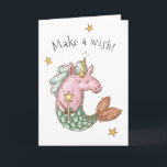 Cartão Sereia Whimsical Unicorn faz aniversário de desejo<br><div class="desc">Um cartão de aniversário brilhante para ela, esta design tem uma ilustração adorável de um unicórnio da sereia acenando uma varinha mágica na frente da carta com "Faça um desejo!" texto que você pode editar ou manter como está. Dentro, o cartão é um arco-íris colorido nas nuvens com uma mensagem...</div>