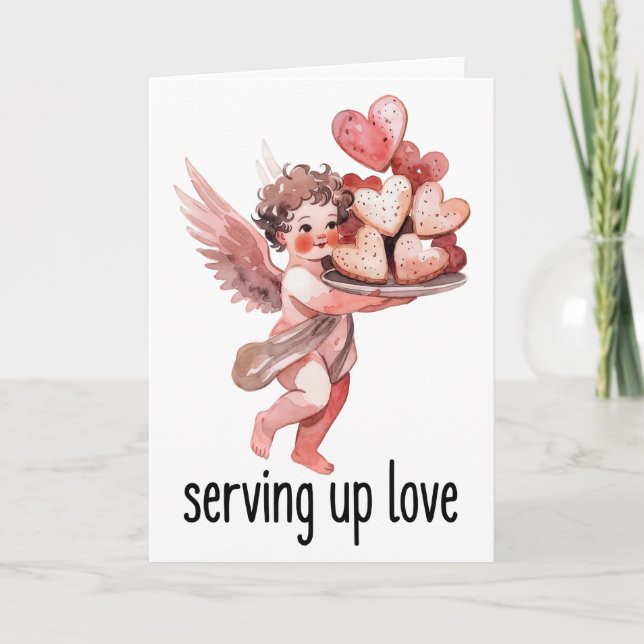 Cartão Serving Up Love Valentine Vintage Cherub Heart  (Frente)