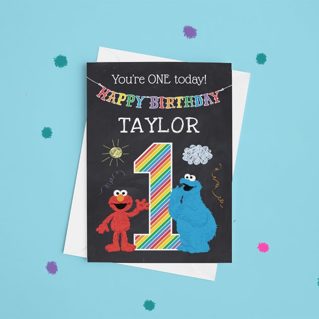 Cartão Sesame Street Pals Chalkboard primeiro aniversario (Criador carregado)