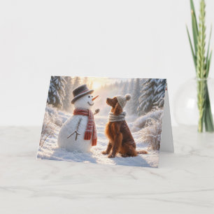 Cartão Setter Irlandês de Natal Com Boneco de Neve