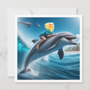 Cartão Seu filho montando um golfinho, coloque meu rosto