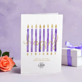 Cartão Seu logotipo Velas Roxas Feliz Aniversário