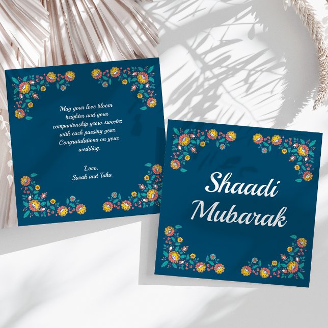Cartão Shaadi Mubarak Floral Azul Moderno (Criador carregado)