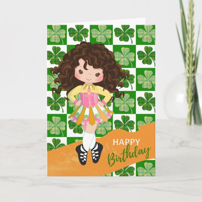 Cartão Shamrock Irish Dance Brunette Girl Birthday (Frente)
