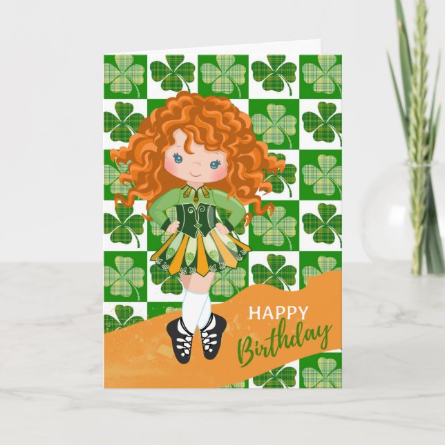 Cartão Shamrock Irish Dance Redhead Girl Aniversário (Frente)